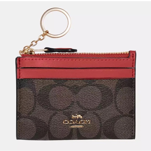 Coach Accessories - Coach 88208 Mini ID Case Wallet Brown Signature Canvas Red Key Ring Gently Used